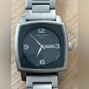 Cross Swiss Rare Men’s Watch Square Black Leather Dial Matte Stainless Bracelet